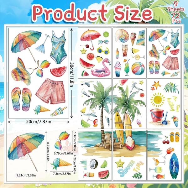 Summer Window Clings for Glass Windows - 9 Sheets 72 Pcs Summer Pool Beach Sun Ice Cream Window Decals for Summer Party Window Decorations