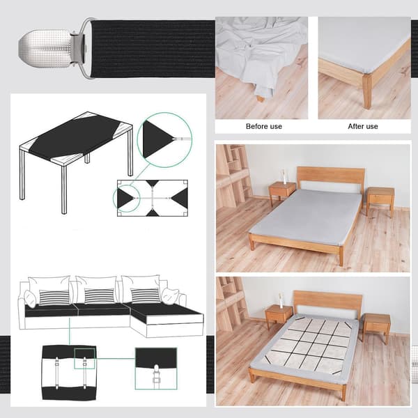 8 Pieces Sheet Clips, Adjustable Sheet Holders, High Elastic Fitted Sheet Straps with Clips, Sheet Fasteners Max Stretch 120cm, Sheet Holders Black