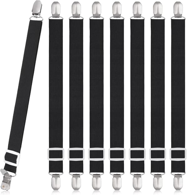 8 Pieces Sheet Clips, Adjustable Sheet Holders, High Elastic Fitted Sheet Straps with Clips, Sheet Fasteners Max Stretch 120cm, Sheet Holders Black