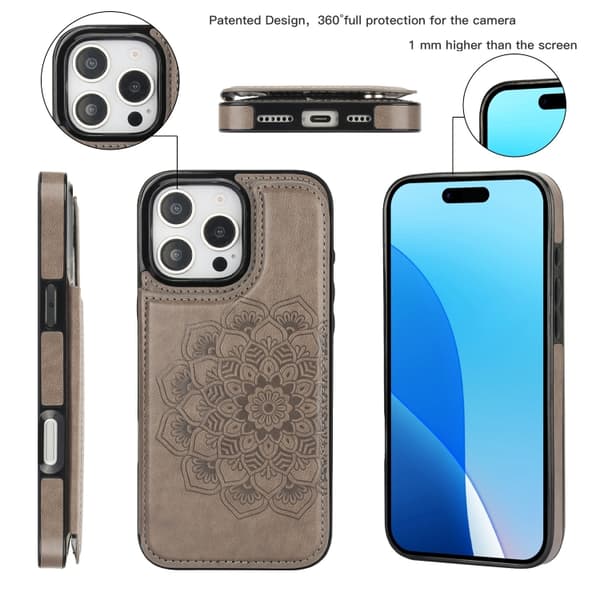 iPhone 16 Pro Max Cover - Dobbelt Spænde Mandala Læder Etui Grå