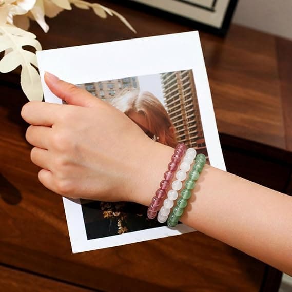 Natural Stone Bracelet Set (3 Pieces) - Elastic Healing Crystal Bracelets for Chakra Balancing