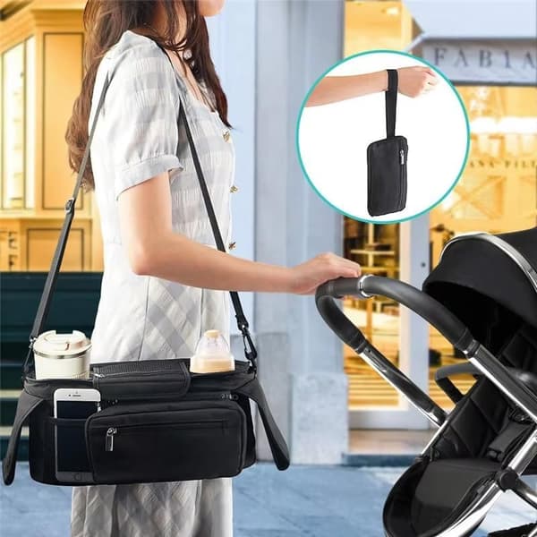 Black Stroller Organizer, Universal Stroller Bag with 2 Cup Holders, Insulated Bottle Holder, Large Pocket for Phone