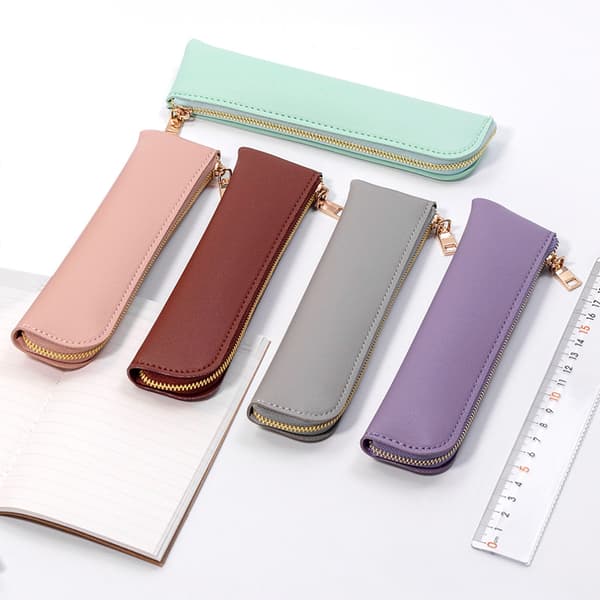 Small Solid Color Leather Pencil Case Large Capacity Pencil Case School Supplies Box - Gray