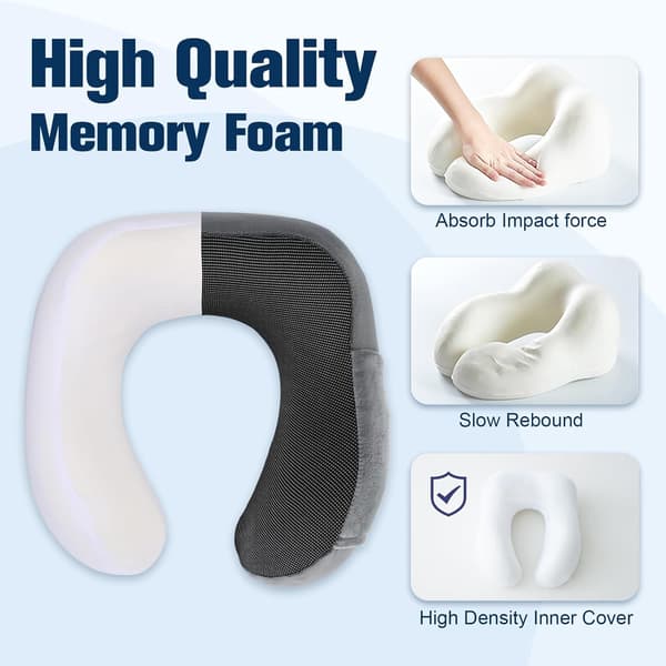 Memory Foam Travel Pillow, Adjustable & Compact Airplane Pillow, Ergonomically Designed, Includes Earplugs, Eye Mask & Storage Bag. grey