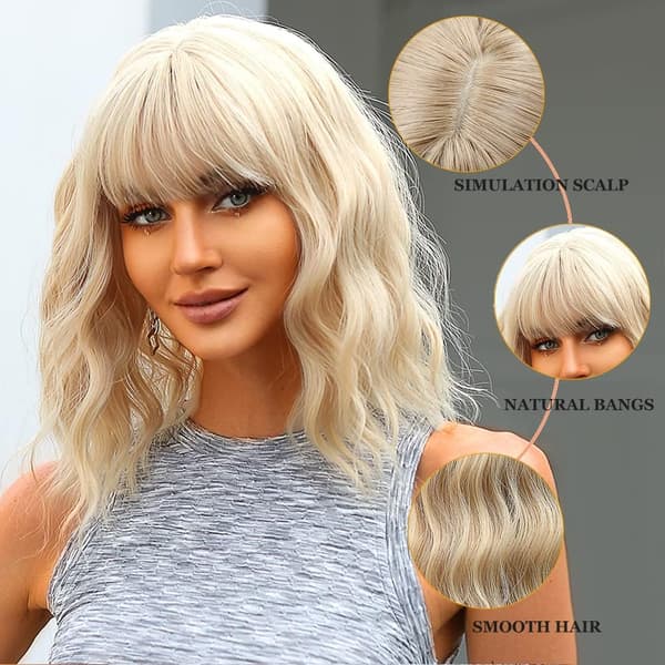 1 pc 14\" Short Wavy Wig Light Blonde with Bangs Shoulder Length