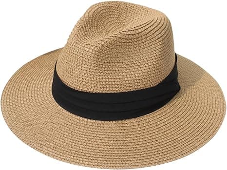Kvinders Bredskyggede Panama Stråhat, Rullebar, med Bæltespænde, Fedora Strand Solhat til kvinder UPF50+ Khaki
