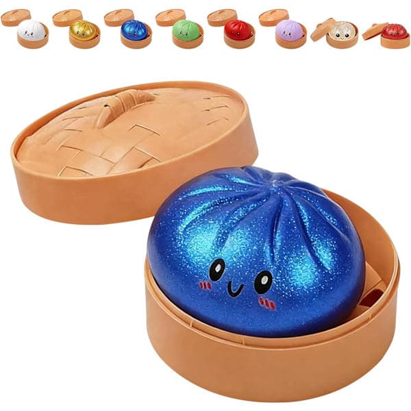 Squishy Dumpling Lysende Stressaflastningslegetøj med Dampkasse til Børn/Voksne, Sensorisk til Kontor/Hjem (Glittereffekt) (Blå)