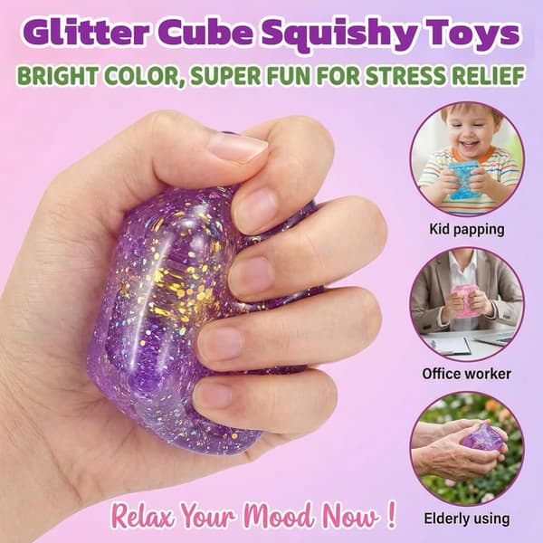 Squishy Blå Kub Socker Stressball Fidgetleke, Glitter Sensorisk Klem Fidgetleke for Gutter og Jenter