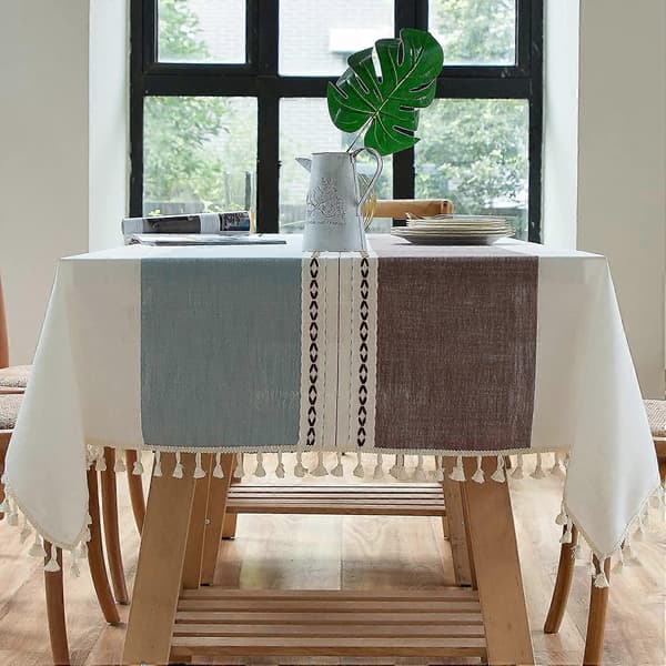 Rektangulär duk i bomullslinne, tvättbar duk med tofsar perfekt för rektangulära avlånga bord, kök, matsal (140 x 220 cm, blå)