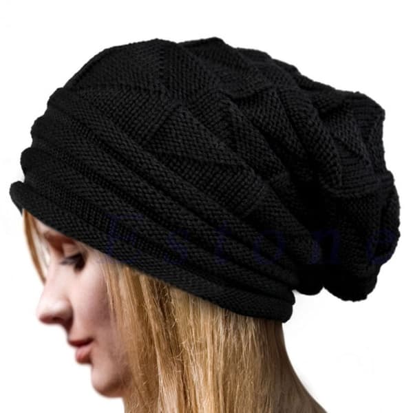 Wool Beanie, Women's Winter Warm Solid Color Crocheted Pleated Thick Soft Folded Beanie Wool Knitted Slouchy Beanies Black