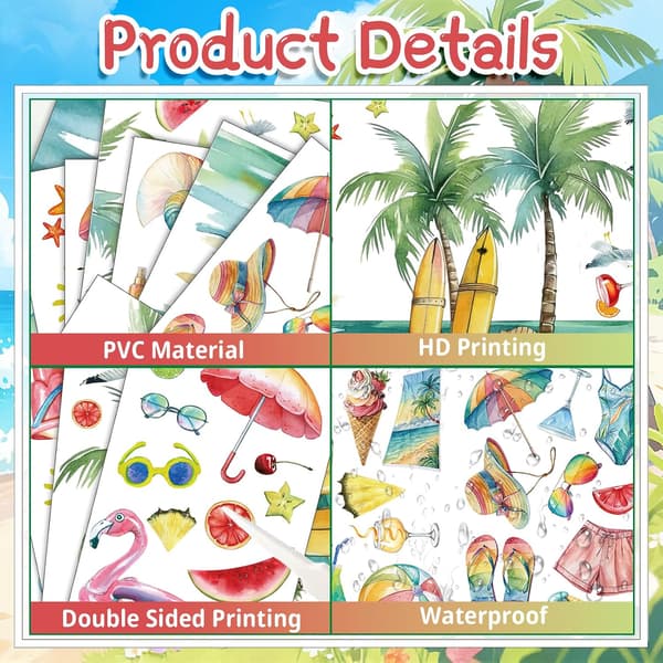 Summer Window Clings for Glass Windows - 9 Sheets 72 Pcs Summer Pool Beach Sun Ice Cream Window Decals for Summer Party Window Decorations