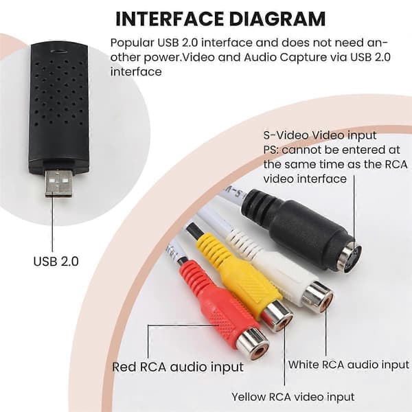 Easycap USB 2.0 Easy Cap Video TV DVD VHS DVR -kaappaussovitin Enklare Cap USB -videotallennuslaite Su