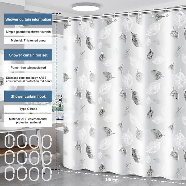 Duschdraperi 180x200cm grått mögelresistent med vita löv, tvättbart draperi med 12 krokar