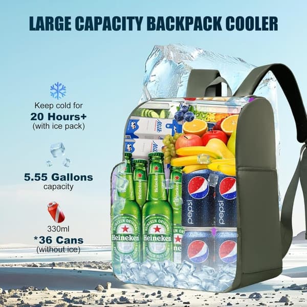 Insulated Backpack / Cooler Bag - Picnic Bag with Double Compartments, Waterproof & Leak-Proof for Camping, Travel & Beach