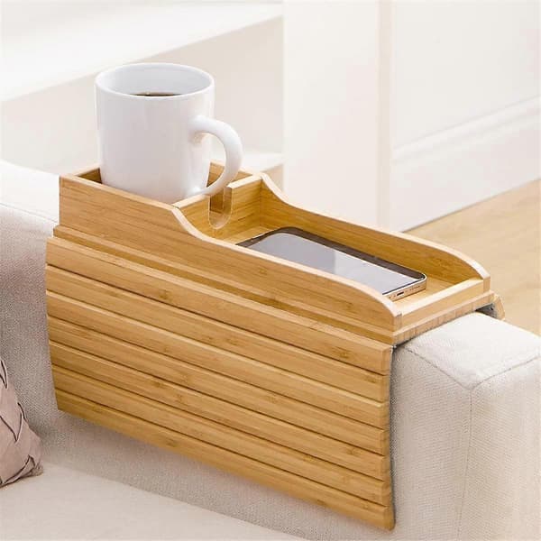 Sofakoppholder, Sofadrikkeholder, Naturlig Bambus Sofakoppholder Armlenebrett, Bærbar Sofa A