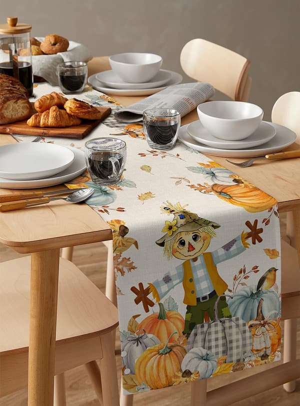 Thanksgiving Scarecrow bordløber, bondegårdsgræskar høst hør bomuld bordløber kommode tørklæder, efterår 13x90in