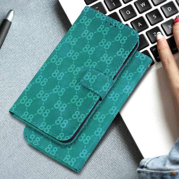 Dobbelt 8-format reliefbeslag kortholder pung etui egnet til iPhone 7/iPhone 8/SE (2020), lavet af PU-lædermateriale Green