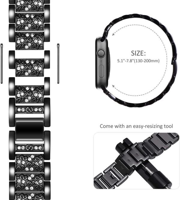 (Bling sort) Kompatibel med Apple Watch-rem 42/44/45/49mm, kvinders glitrende Bling krystal rustfrit stål linkrem erstatning