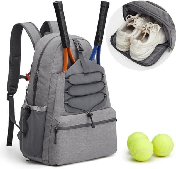 Reppu - Tenniskassi - Urheilukassi - Vedenpitävä mailakassi - Sopii useille mailoille kenkälokerolla - harmaa