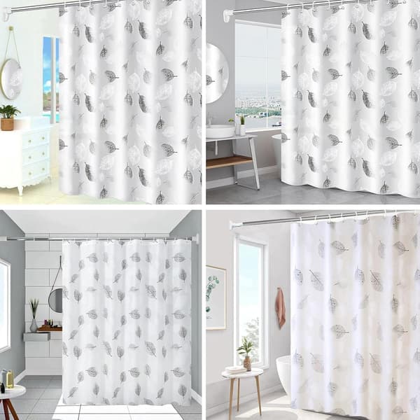Duschdraperi 180x200cm grått mögelresistent med vita löv, tvättbart draperi med 12 krokar