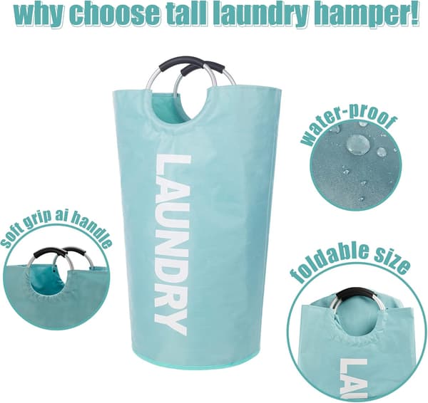 Laundry Bag with Padded Handles, Waterproof Laundry Hamper Foldable, Laundry Basket for Bathroom, Laundry Room, College light blue