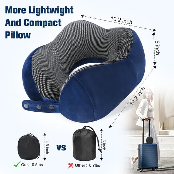 Memory Foam Travel Pillow, Adjustable & Compact Airplane Pillow, Ergonomically Designed, Includes Earplugs, Eye Mask & Storage Bag. blue