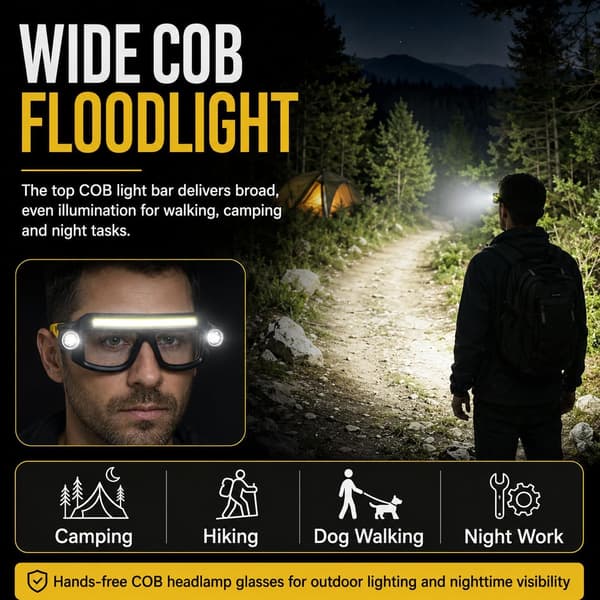 LED-hodelyktbriller Oppladbare hodelyktbriller med oppladbart COB-flomlys & spotlight LED-lys, 5 moduser for nattfiske og sykling