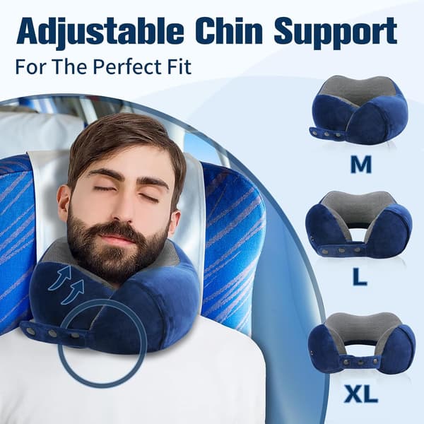 Memory Foam Travel Pillow, Adjustable & Compact Airplane Pillow, Ergonomically Designed, Includes Earplugs, Eye Mask & Storage Bag. blue