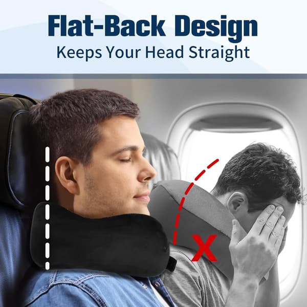 Memory Foam Travel Pillow, Adjustable & Compact Airplane Pillow, Ergonomically Designed, Includes Earplugs, Eye Mask & Storage Bag. black