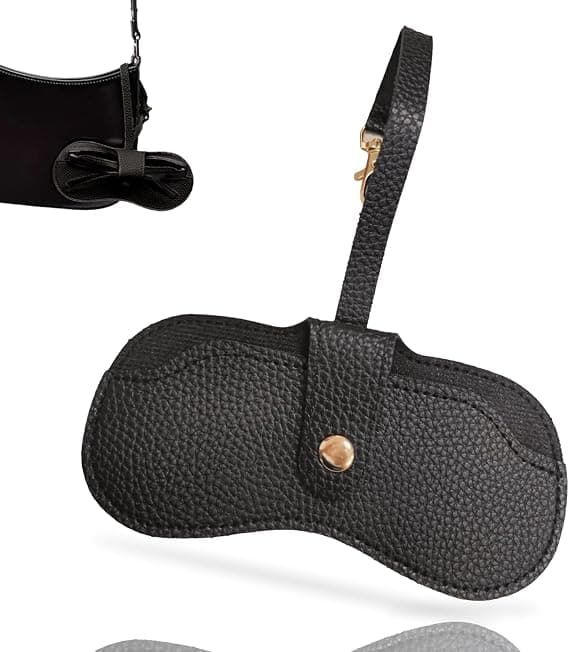 Portable Soft Leather Sunglasses Case with Keychain Hook, Lightweight, Slim, Metal Snap Closure Black