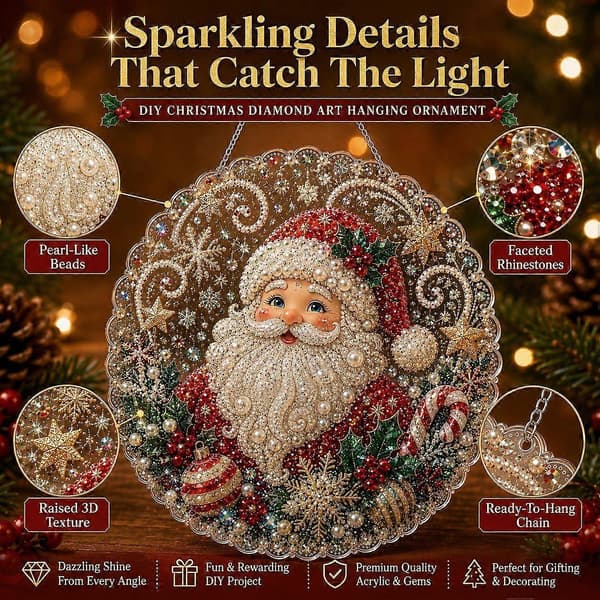 Juleperle Diamantkunst Hengende Pyntesett, DIY Spesialformet Perle Diamantmaling Solfanger, Juleveggdekorasjon til Jul-FX- E(20cm)