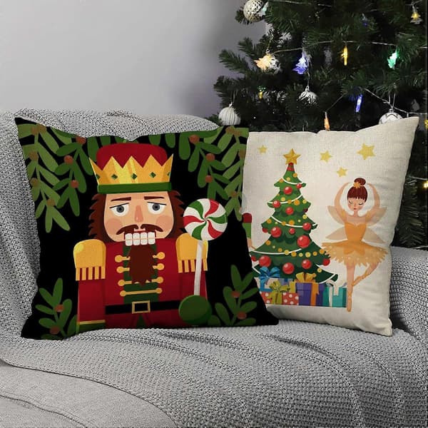Sæt med 4 glædelig jul Nøddeknækker dekorative pyntepuder (18x18)