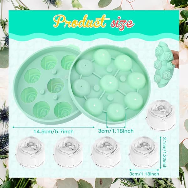 2-pack 3D Ros Isform Set - 3,5 cm Silikon Blomsterisbitsform för Whisky, Cocktails, Juice, Diskmaskinssäker (Rosa & Grön)