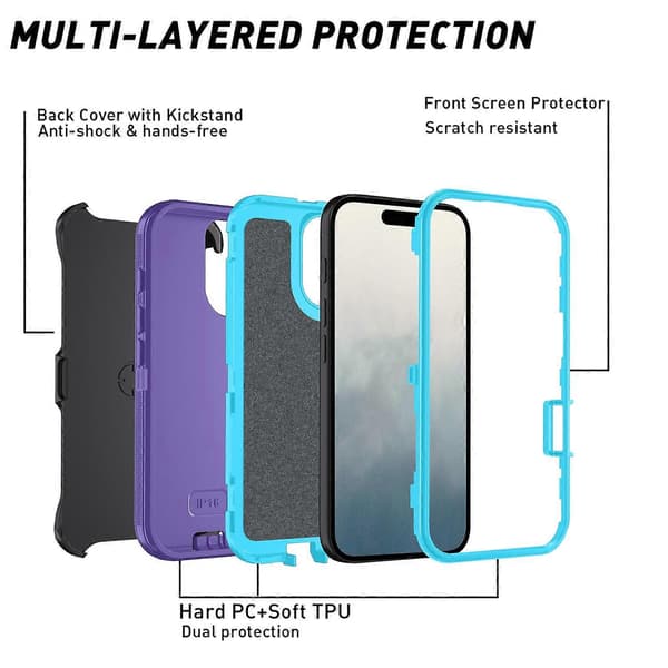 For iPhone 16 Removable Shell PC+TPU Phone Case with Back Clip Stand Multicolo Multicolor Dark Purple+Sky Blue