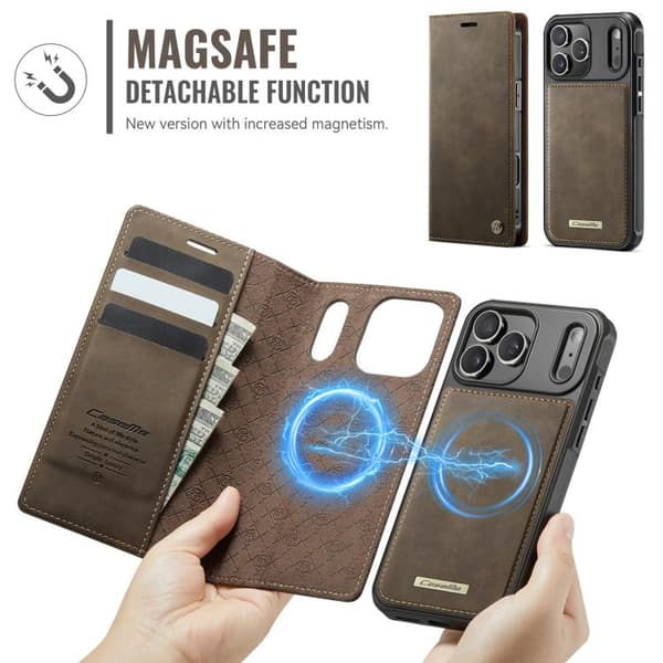 iPhone 17 Pro -nahkakotelo MagSafella ja RFID-estolla, irrotettava lompakko Kaffe