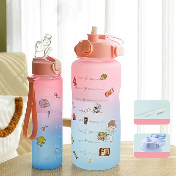 2 st vattenflaskor med stor kapacitet och sugrör, drickkopp, utomhusfitness, gradient, matta vattenflaskor, vandring, camping, 900 ml/2000 ml (rosa)