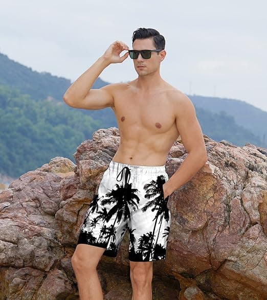 【BEMS】Men's Swim Trunks, Summer Quick Dry Beach Shorts with Side Pockets & Mesh Lining - L - Black