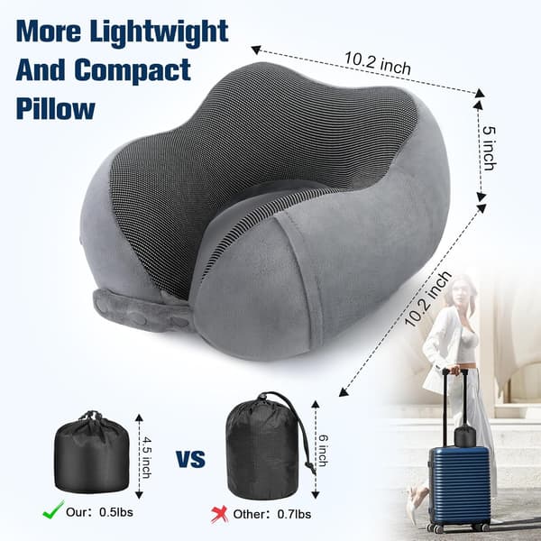 Memory Foam Travel Pillow, Adjustable & Compact Airplane Pillow, Ergonomically Designed, Includes Earplugs, Eye Mask & Storage Bag. grey