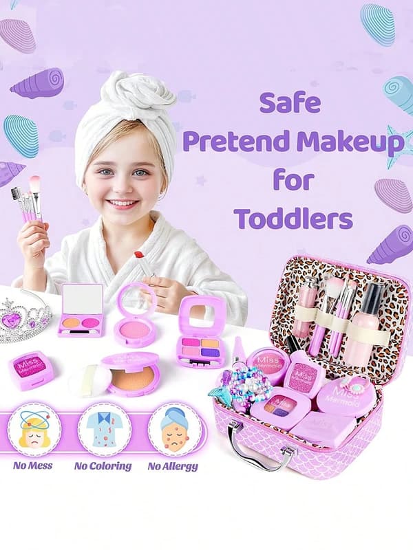 Legetøjs-makeupsæt til piger, havfrue-håndtaske, legetøjsgave, velegnet til pigelegetøj 3-6 år, ikke rigtig makeup