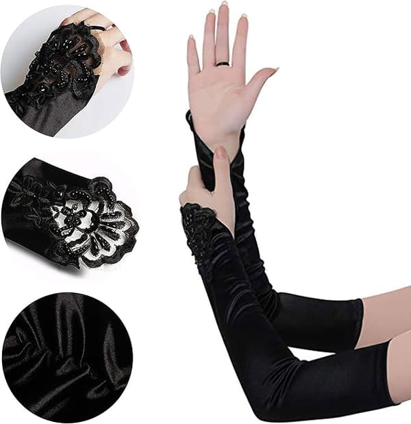 1 par lange elastiske fingerløse handsker til kvinder Spids Opera Aftenhandsker Satinhandsker til Halloweenfest, bryllup, koncert (sort)