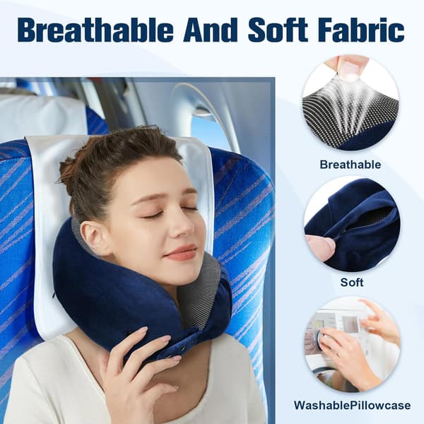 Memory Foam Travel Pillow, Adjustable & Compact Airplane Pillow, Ergonomically Designed, Includes Earplugs, Eye Mask & Storage Bag. blue