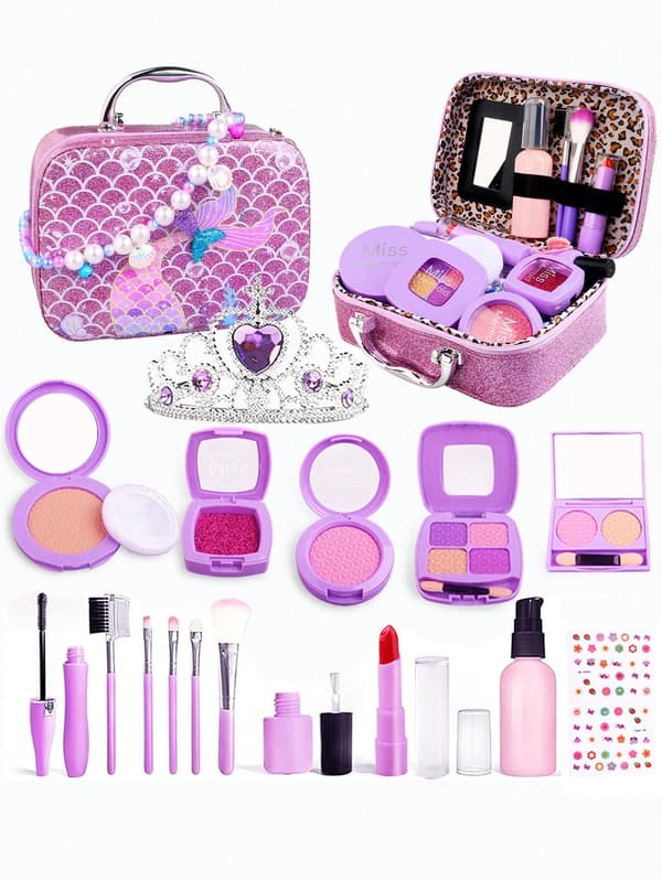 Legetøjs-makeupsæt til piger, havfrue-håndtaske, legetøjsgave, velegnet til pigelegetøj 3-6 år, ikke rigtig makeup