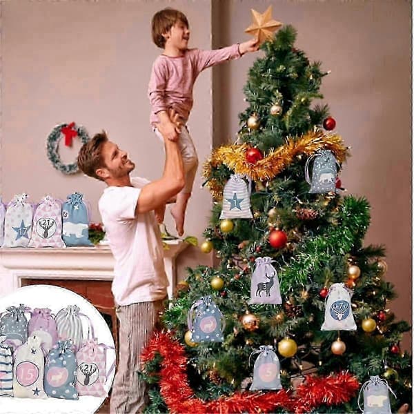 24 st julkalenderpåsar julnedräkningspresentpåsar återanvändbara tygpresentpåsar med dragsko