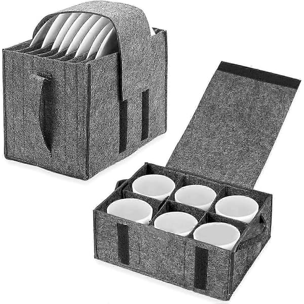 Caravan Plate Holder, Camping Dinnerware Storage Felt Bag with Side Handle, for RV Cabinet Glass Mug Dinnerware Storage-2PCS grey 2pcs