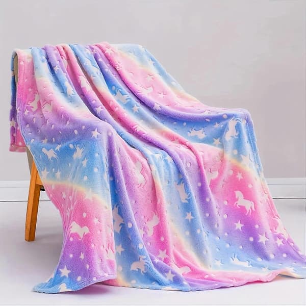 Lysende Teppe Mykt Fluffy Selvlysende Teppe Søte Enhjørninger Selvlysende Barneteppe for Sofa Seng Bil 100x150cm