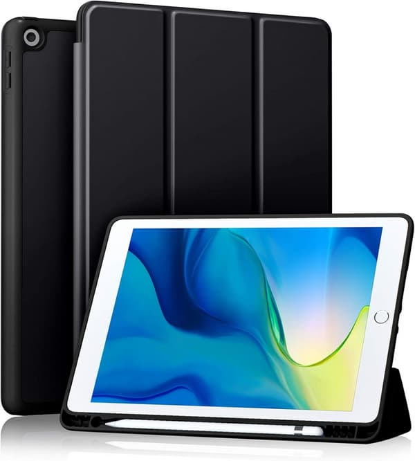 iPad Case for iPad 7th/8th/9th Generation Black with Pencil Holder, Protective Case with Soft TPU Back
