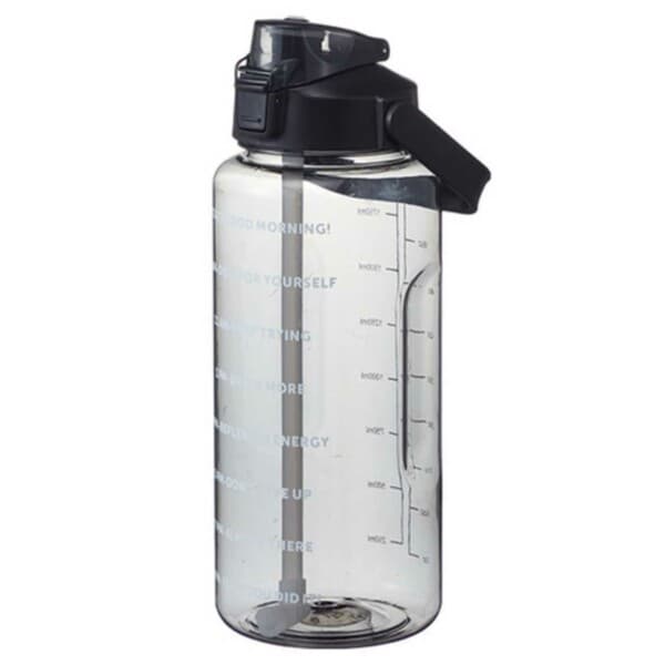 Stor vattenflaska med sugrör 2 liter tidsmarkör svart