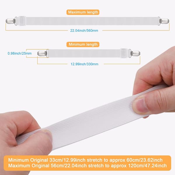 8 Pieces Sheet Clips, Adjustable Sheet Holders, High Elastic Fitted Sheet Straps with Clips, Sheet Fasteners Max Stretch 120cm, Sheet Holders White