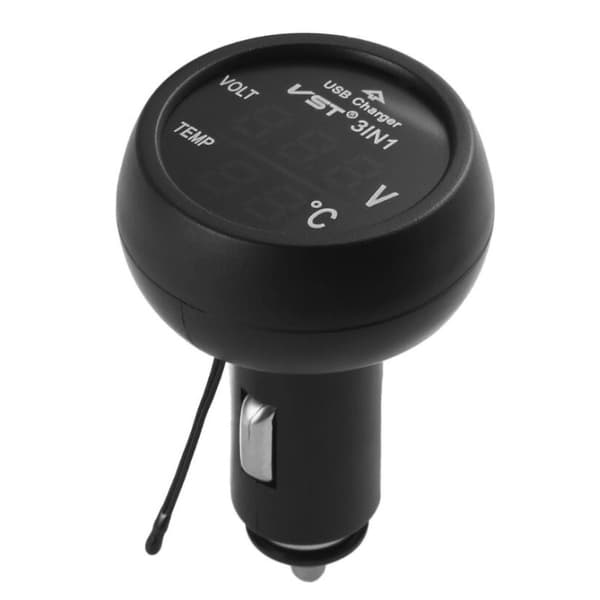 3-i-1 USB-biloplader med voltmeter og temperaturmåling