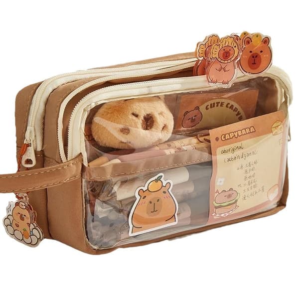 Cute Pencil Case, Transparent Pencil Case, Capybara Large Capacity Pencil Case, Multi-layer Cute Transparent Case with Stickers, Brooch